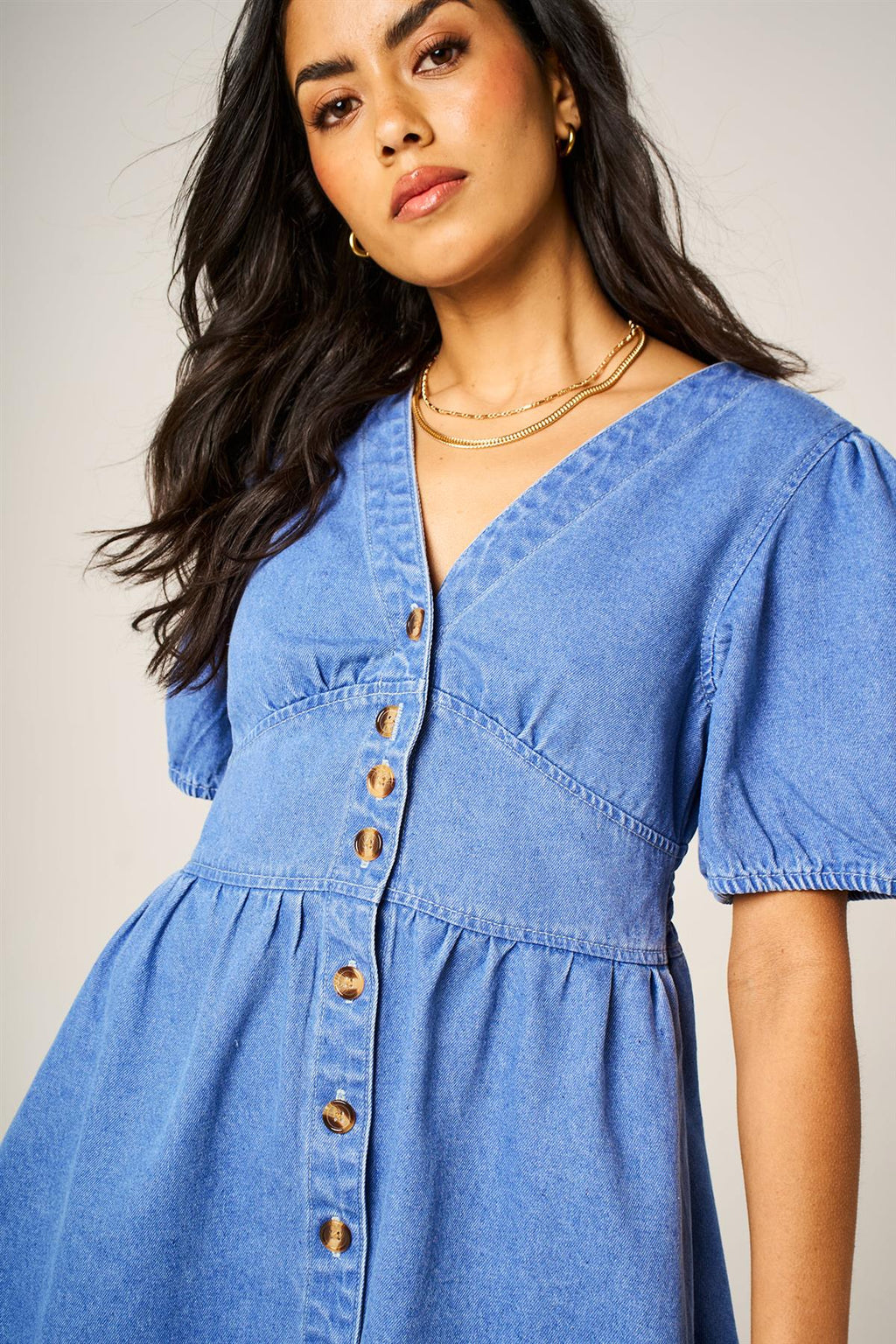 Puff Sleeve Button Down Denim Mini Dress In Light Blue