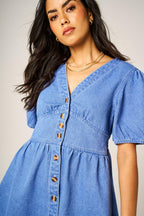 Puff Sleeve Button Down Denim Mini Dress In Light Blue
