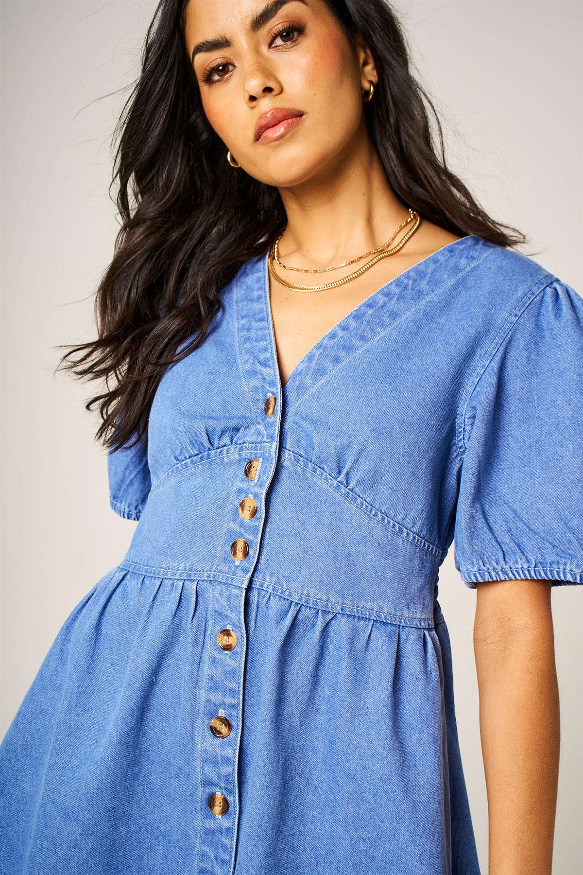 Puff Sleeve Button Down Denim Mini Dress In Light Blue