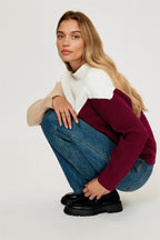 Colour Block Jumper Top In Camel & Wine & White