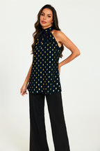 Gold Foil Halter Neck Tie Back Top In Black