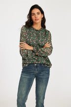 Silver Thread Print Long Sleeve Sheer Blouse In Brown