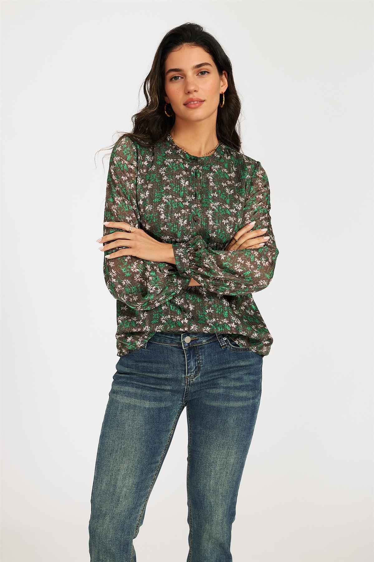 Silver Thread Print Long Sleeve Sheer Blouse In Brown