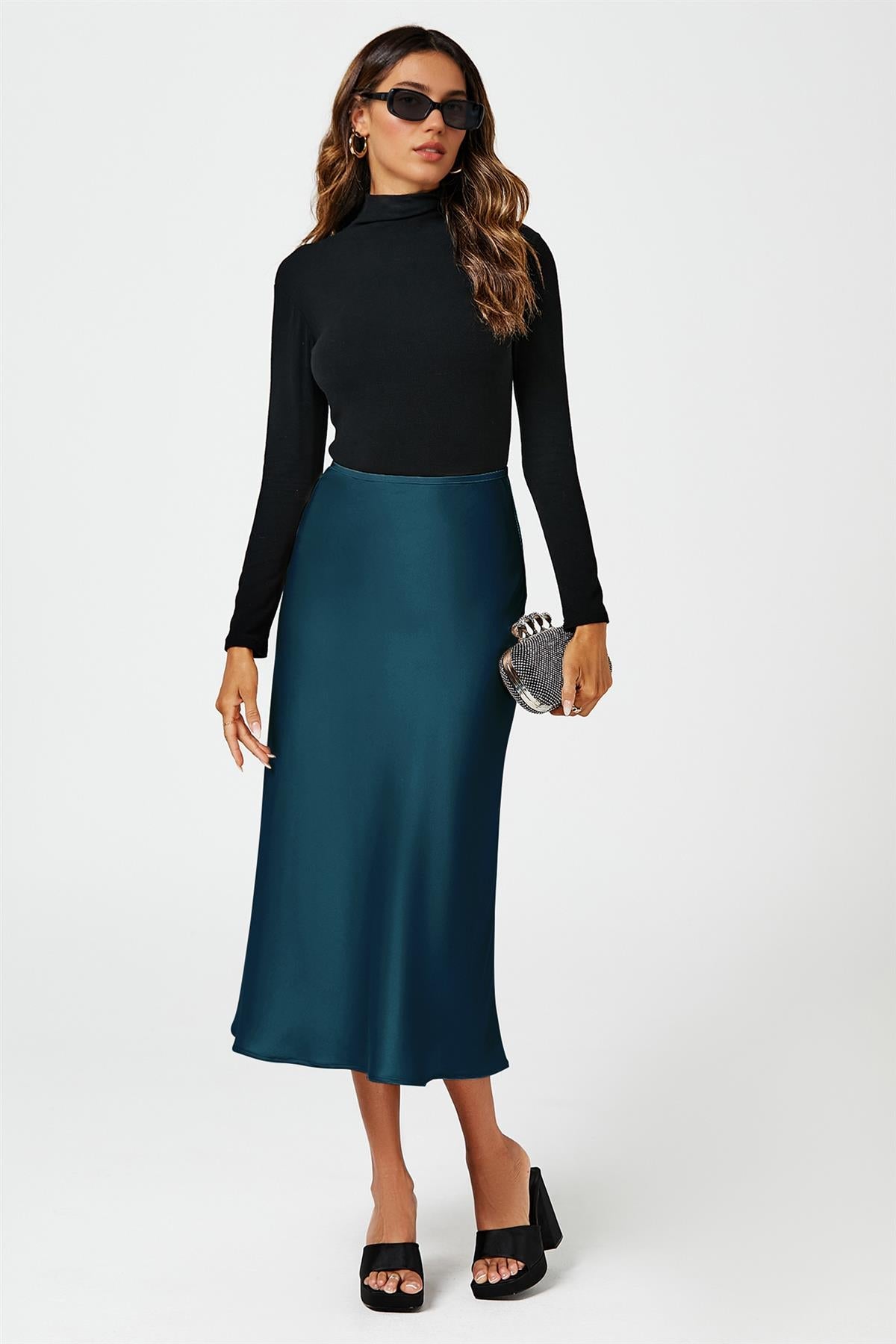 Teal Satin Midi Skirt