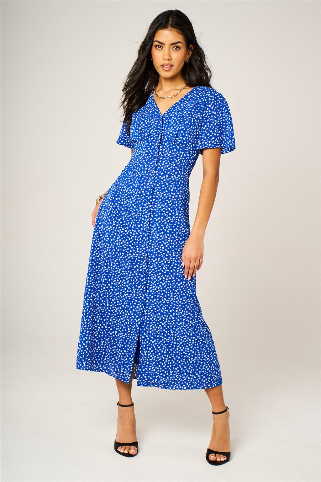 Little Floral Print Button Front Midi Dress In Blue