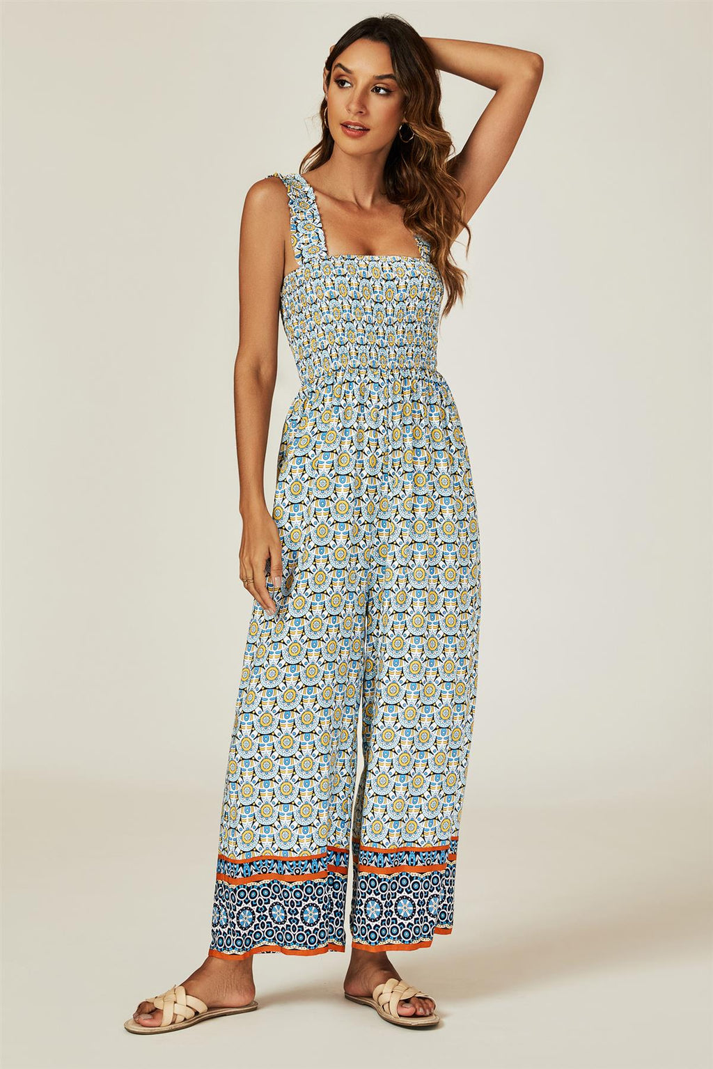 Geo Print Stretchy Smocked Wide Leg Jumpsuit In Blue