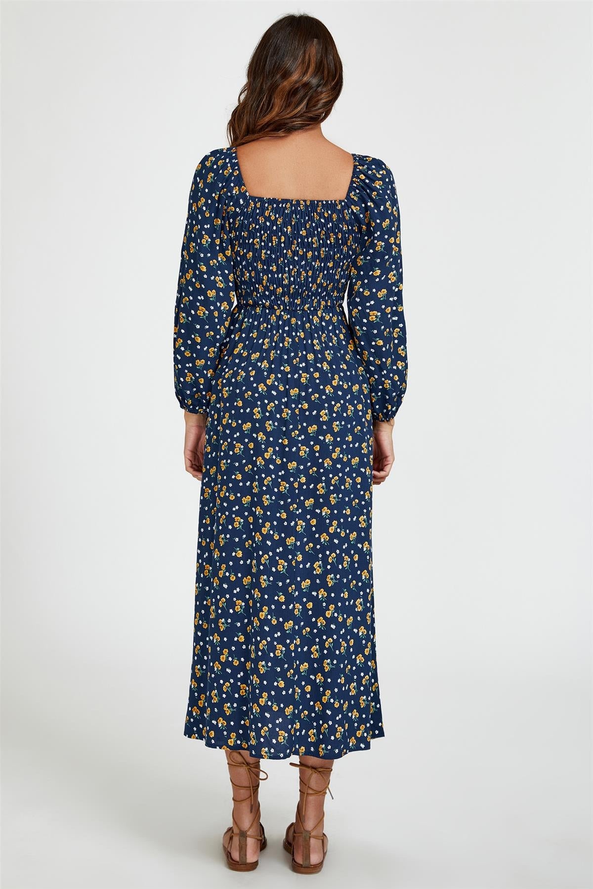 Robe longue à encolure carrée et imprimé floral bleu foncé