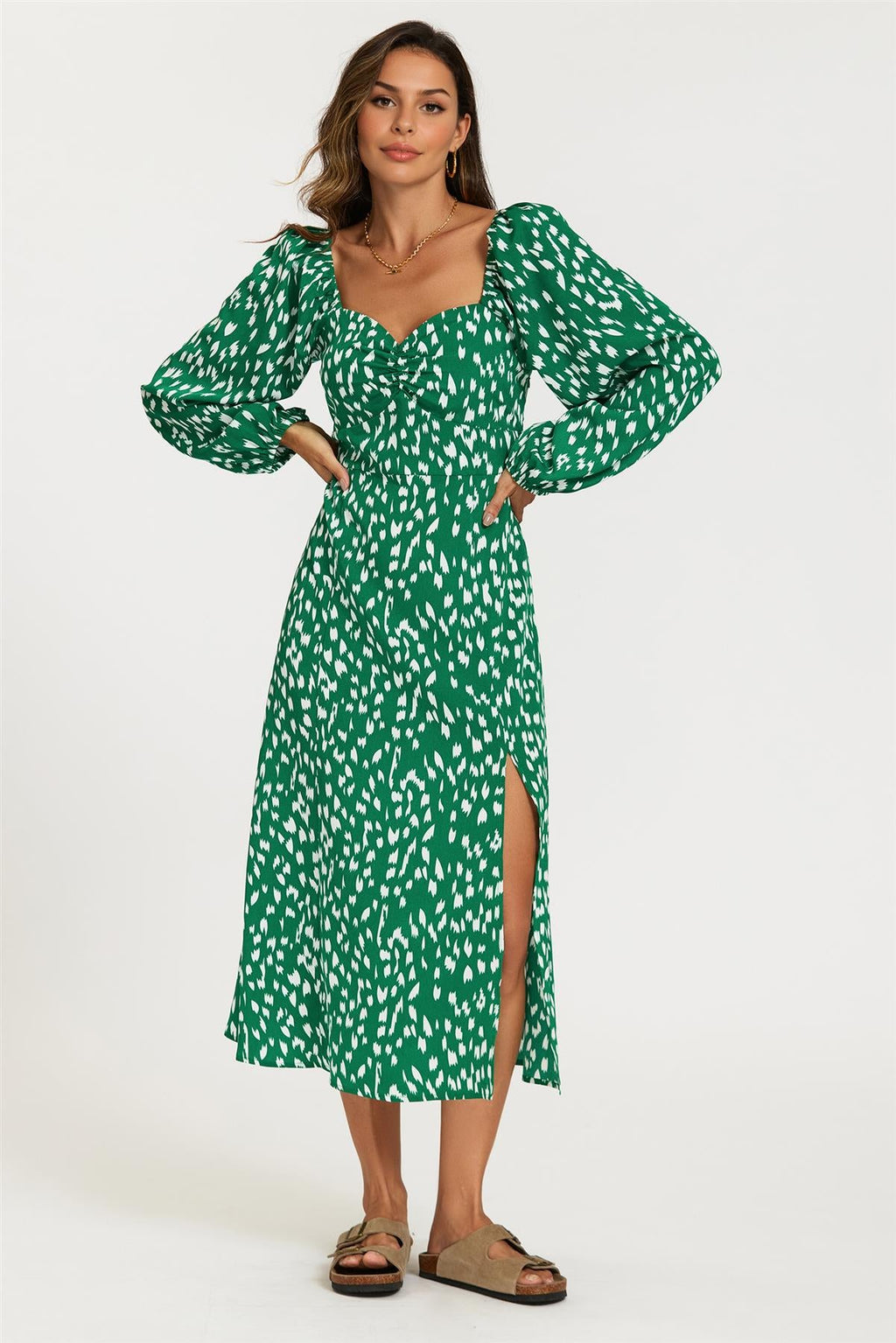 Brushstroke Print Long Sleeve Heart Neckline Midi Dress In Green