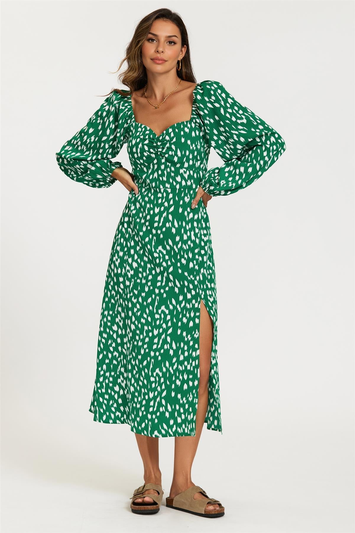 Brushstroke Print Long Sleeve Heart Neckline Midi Dress In Green