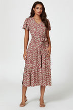 Pink Floral Print Wrap Midi Dress In Beige