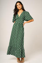 Dot Print Angel Sleeve V Neck Frill Hem Midi Dress In Green