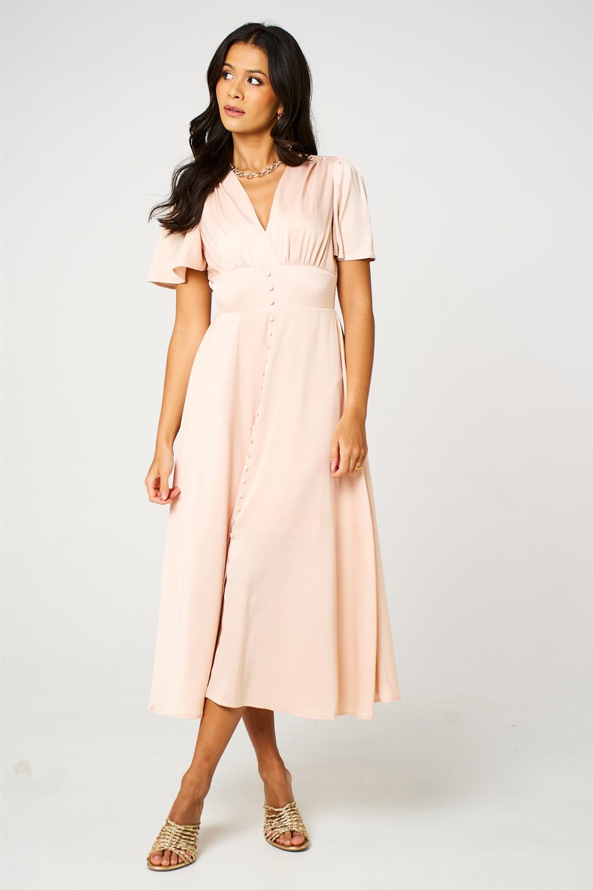 Satin V neckline Button Detail Dress In Blush