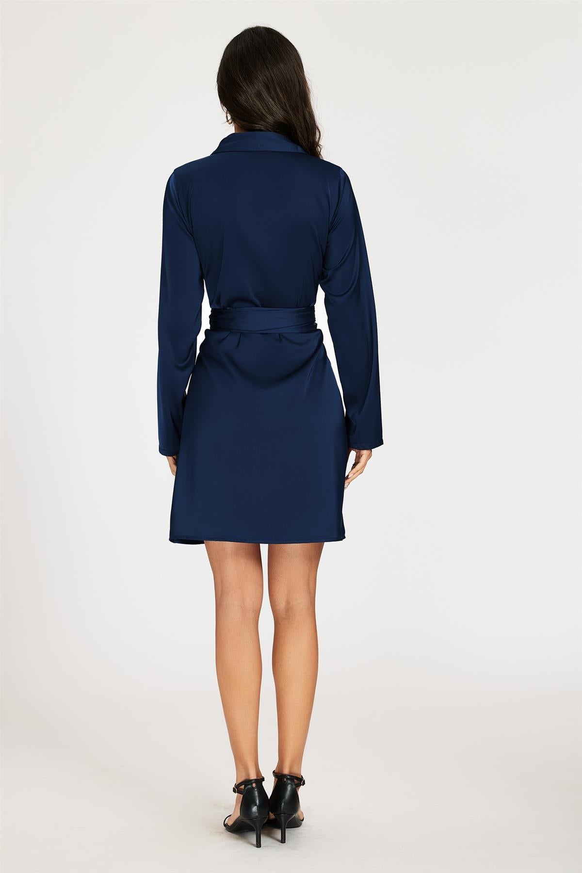 Satin Wrap Tie Mini Shirt Dress In Navy