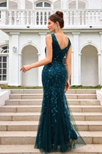 Sequin Leaf Detailed V Neck Bridesmaid Maxi Dress In Teal