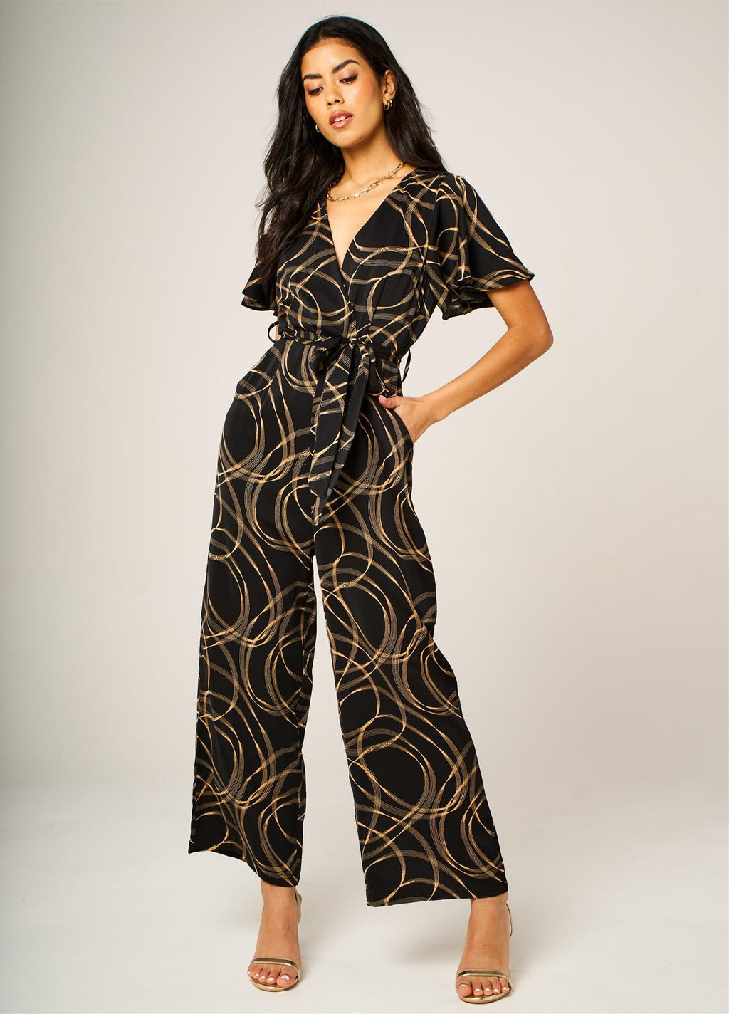 Abstract Line Print Wrap Top Jumpsuit In Black