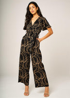 Abstract Line Print Wrap Top Jumpsuit In Black