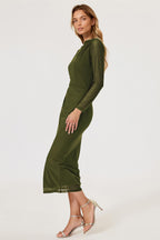 Long Sleeves Mesh Midi Dress In Olive