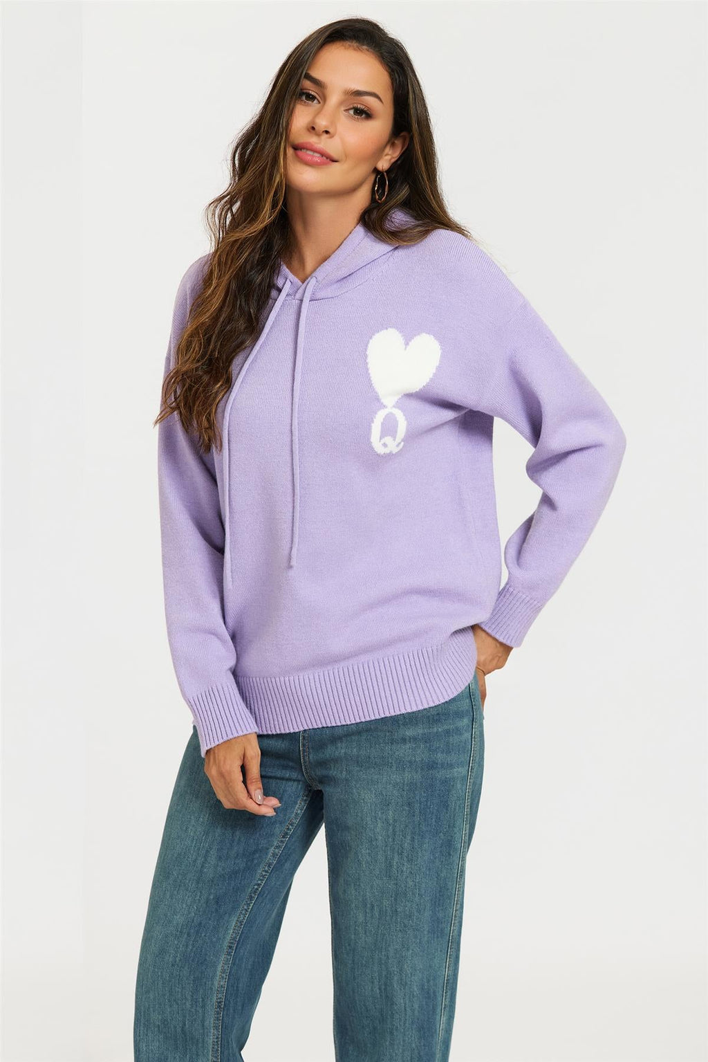 Heart & Q Pattern Knitted Hoodie In Purple