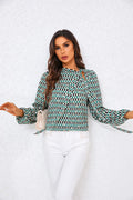 Geo Print Side Tie Blouse Top In Green