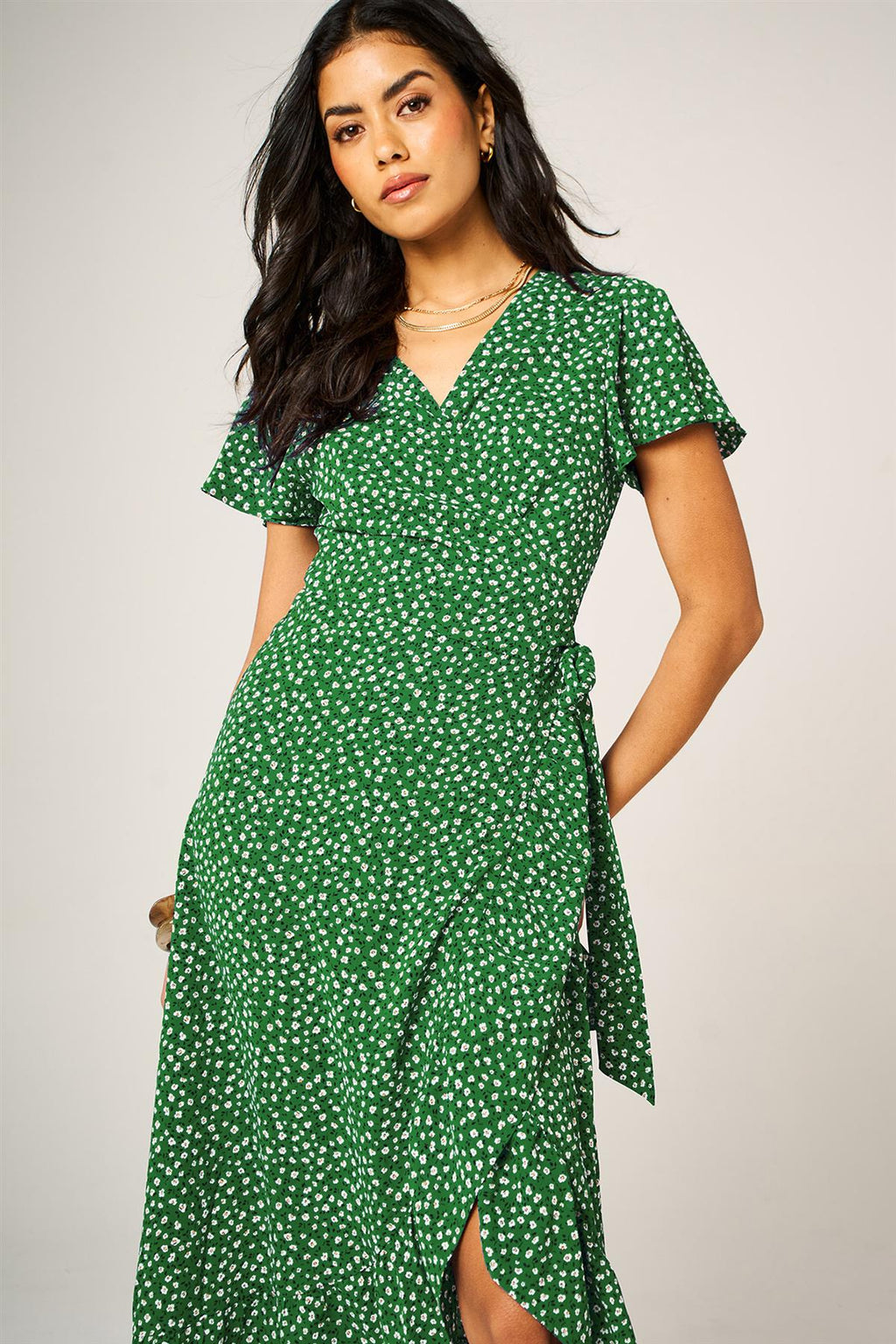 Hem Frill Detail Little Floral Print Wrap Dress In Green
