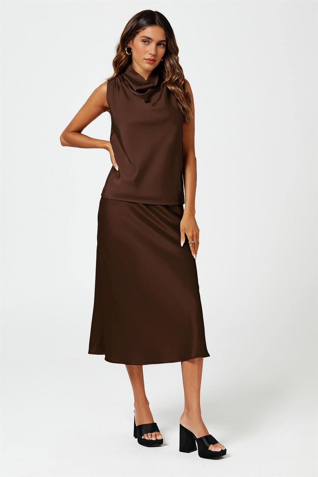 Satin High Neck Sleeveless Blouse In Brown