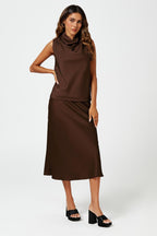 Satin High Neck Sleeveless Blouse In Brown
