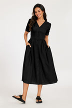 Button Front Short Sleeve Midi Dress In Black