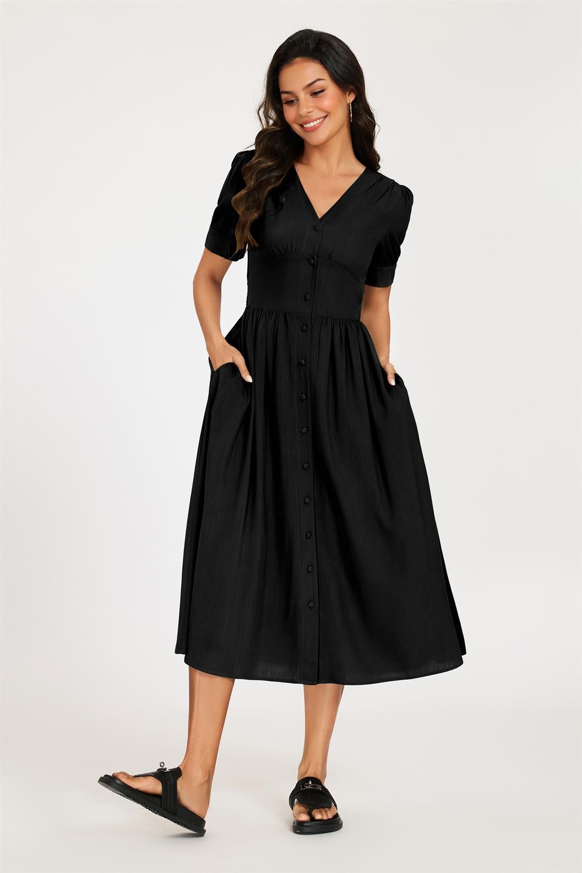 Button Front Short Sleeve Midi Dress In Black