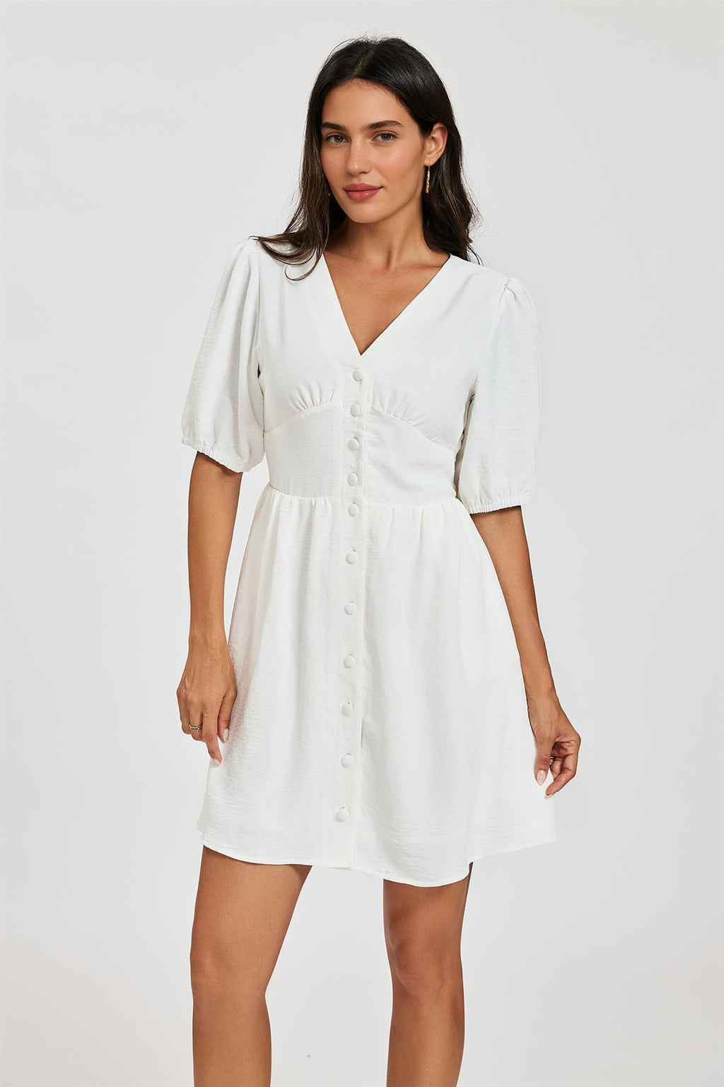 Puff Sleeve Button Down Mini Dress In White