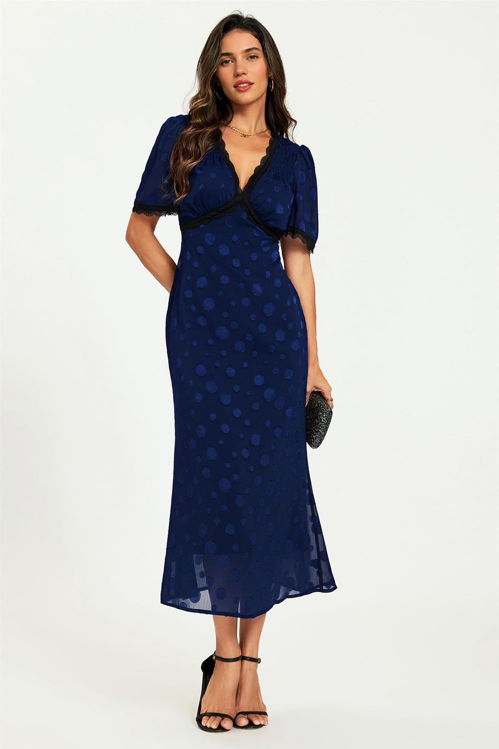 Polka Dot Jacquard Lace Trim Midi Dress In Navy