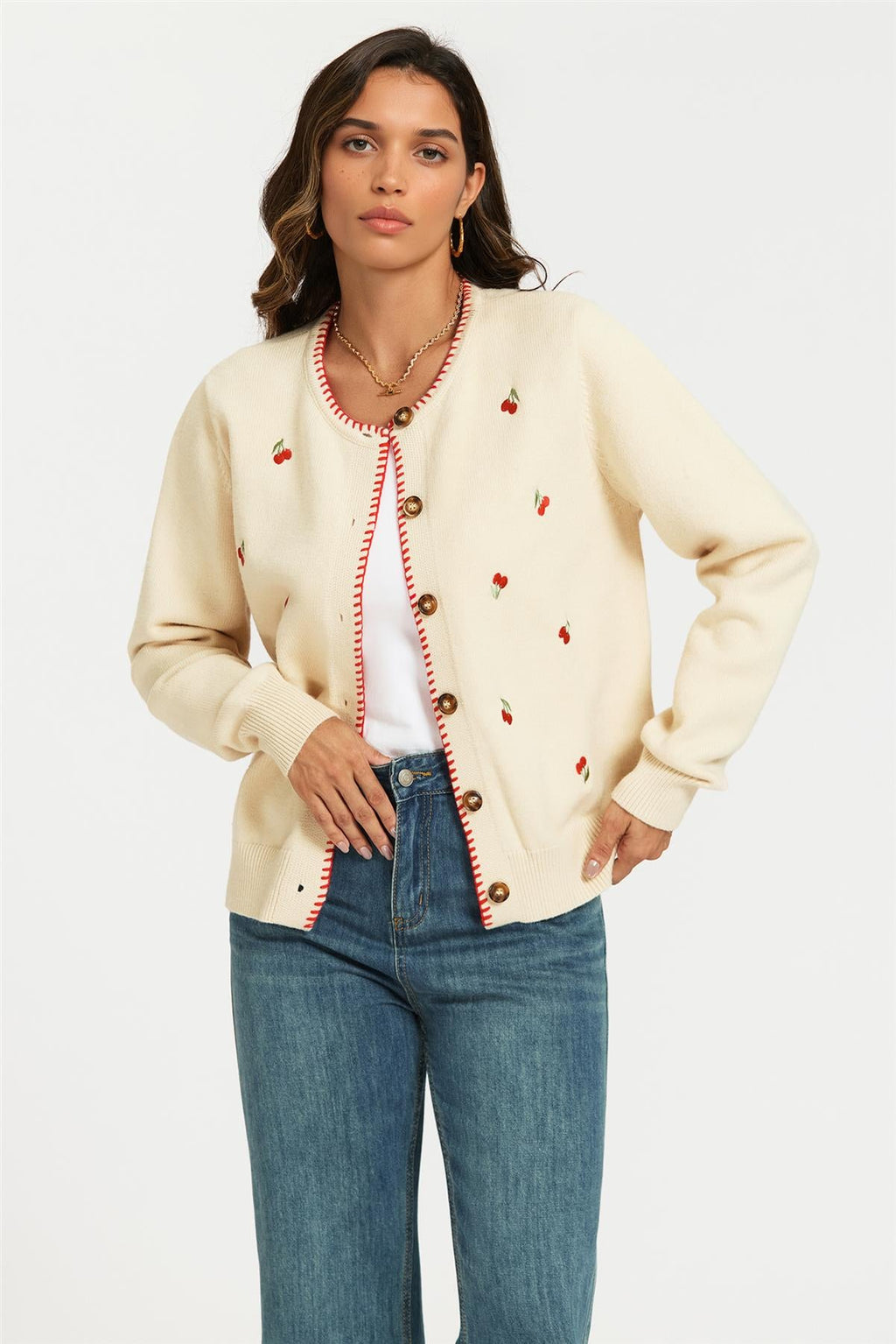 Red Trim Embroidered Cherry Knit Cardigan In Cream