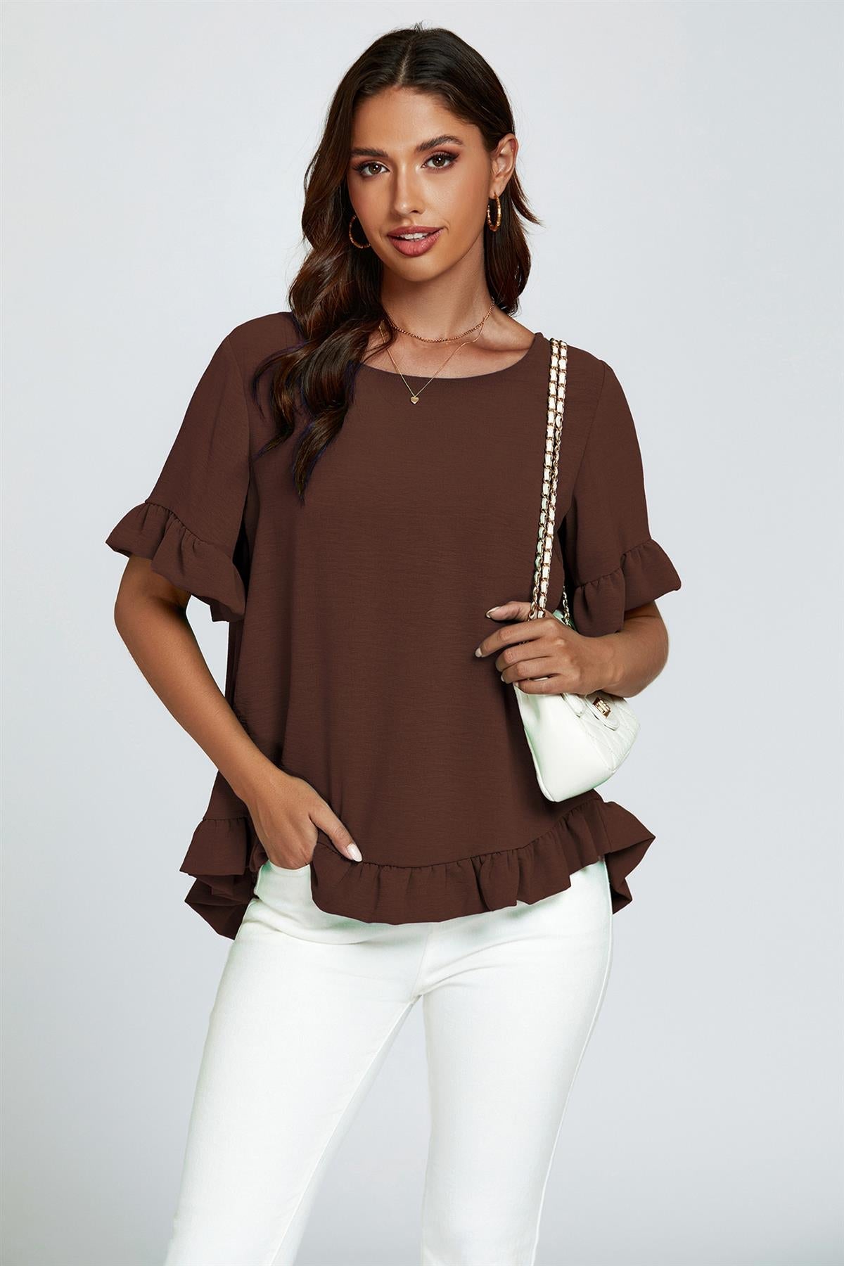 Frill Detail Short Sleeves Top In Brown