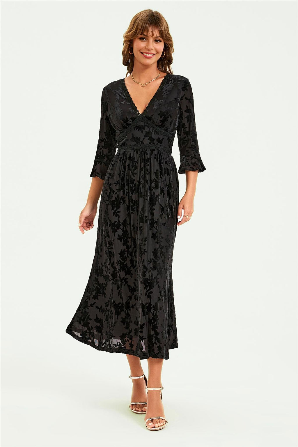 Floral Velvet Devore Lace Trim Neckline Midi Dress In Black