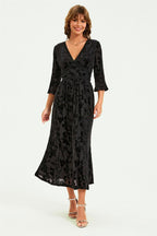 Floral Velvet Devore Lace Trim Neckline Midi Dress In Black