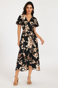 Black & Brown Floral Print Wrap Maxi Dress
