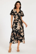 Black & Brown Floral Print Wrap Maxi Dress