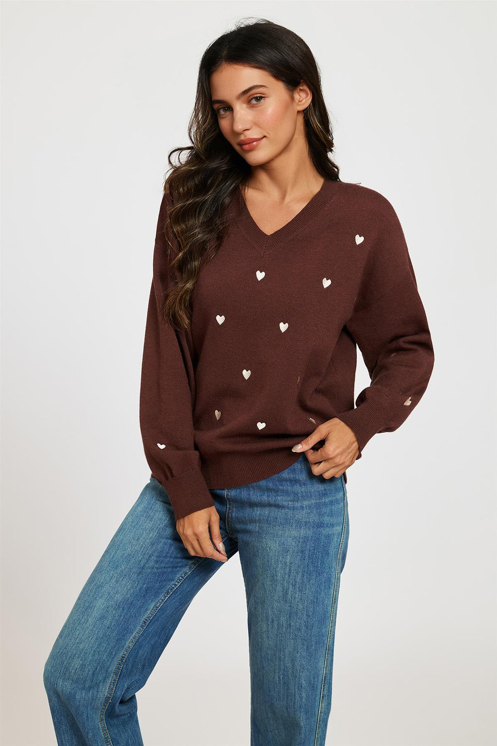 Embroidery Cream Heart V Neck Jumper In Brown
