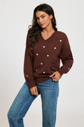 Embroidery Cream Heart V Neck Jumper In Brown