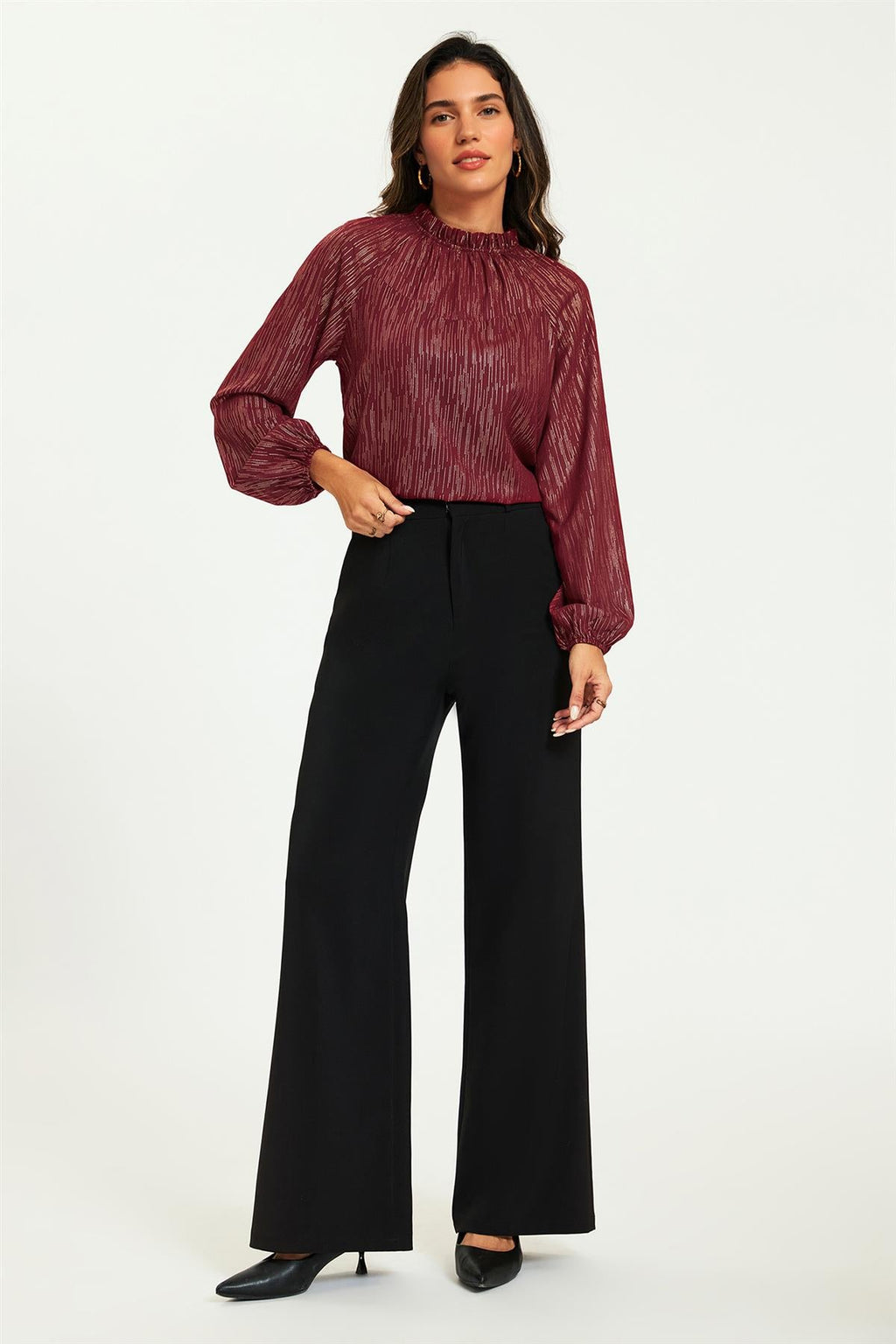 Gold Stripe Foil Long Sleeve Frill High Neck Top In Wine