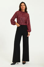 Gold Stripe Foil Long Sleeve Frill High Neck Top In Wine