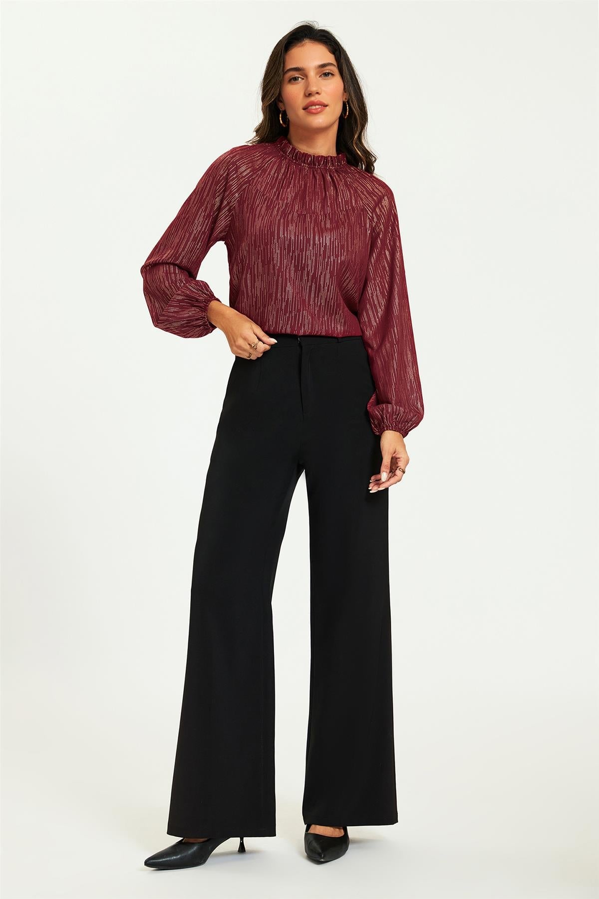 Gold Stripe Foil Long Sleeve Frill High Neck Top In Wine