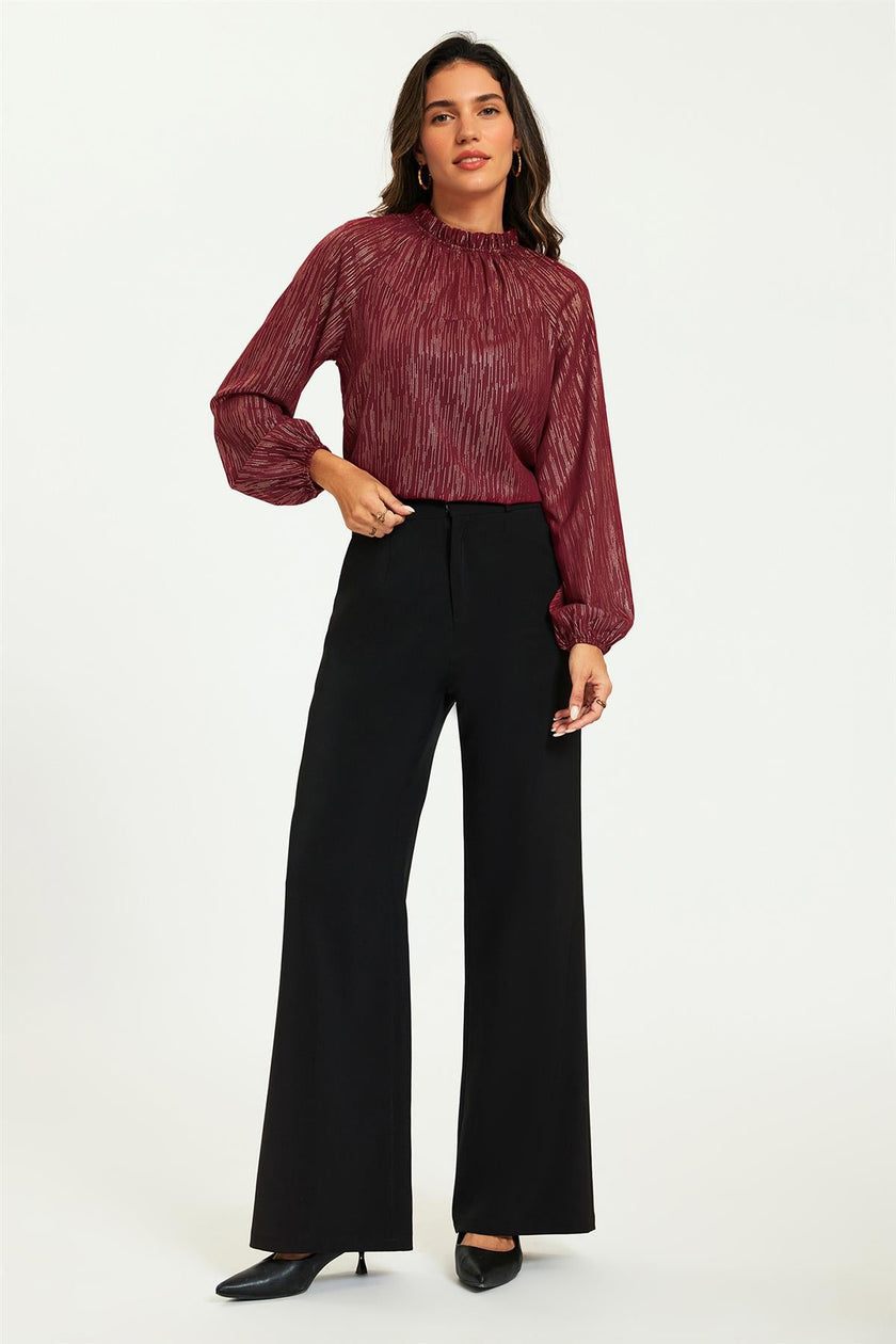 Gold Stripe Foil Long Sleeve Frill High Neck Top In Wine