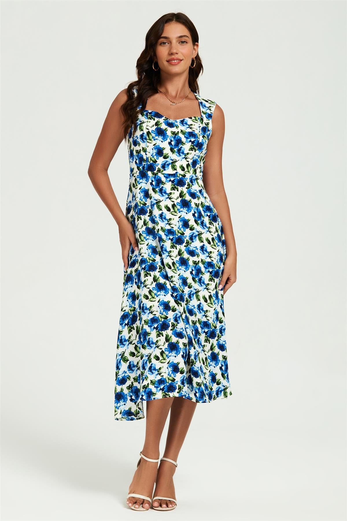 Robe midi bleu imprimé floral encolure cœur