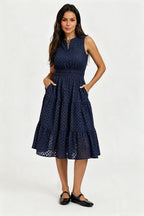 Sleeveless Broderie Anglaise Midi Dress In Navy
