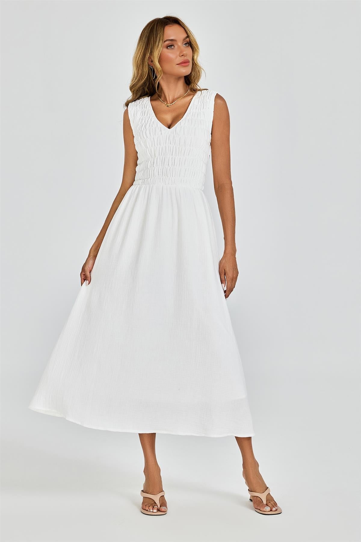 Shirred Midi Dress with Sleeveless V-Neck In White