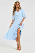 Half Sleeves Jersey Midi Dress with Wrap Neckline In Pale Blue
