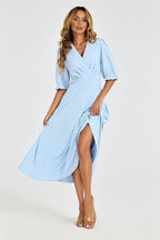 Half Sleeves Jersey Midi Dress with Wrap Neckline In Pale Blue