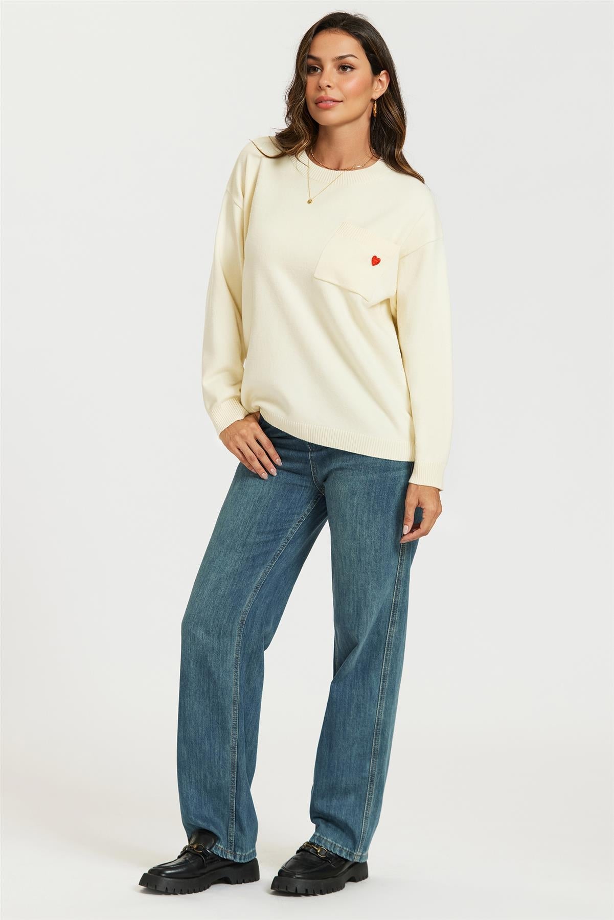 Heart Embroidered Knit Jumper Top In Cream