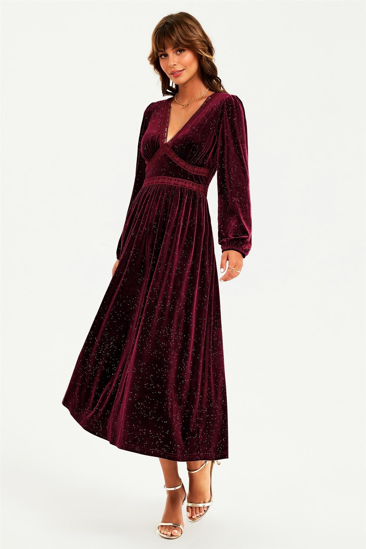 Silver Foil Velvet Lace Trim Neckline Midi Dress In Wine