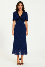 Polka Dot Jacquard Lace Trim Midi Dress In Navy